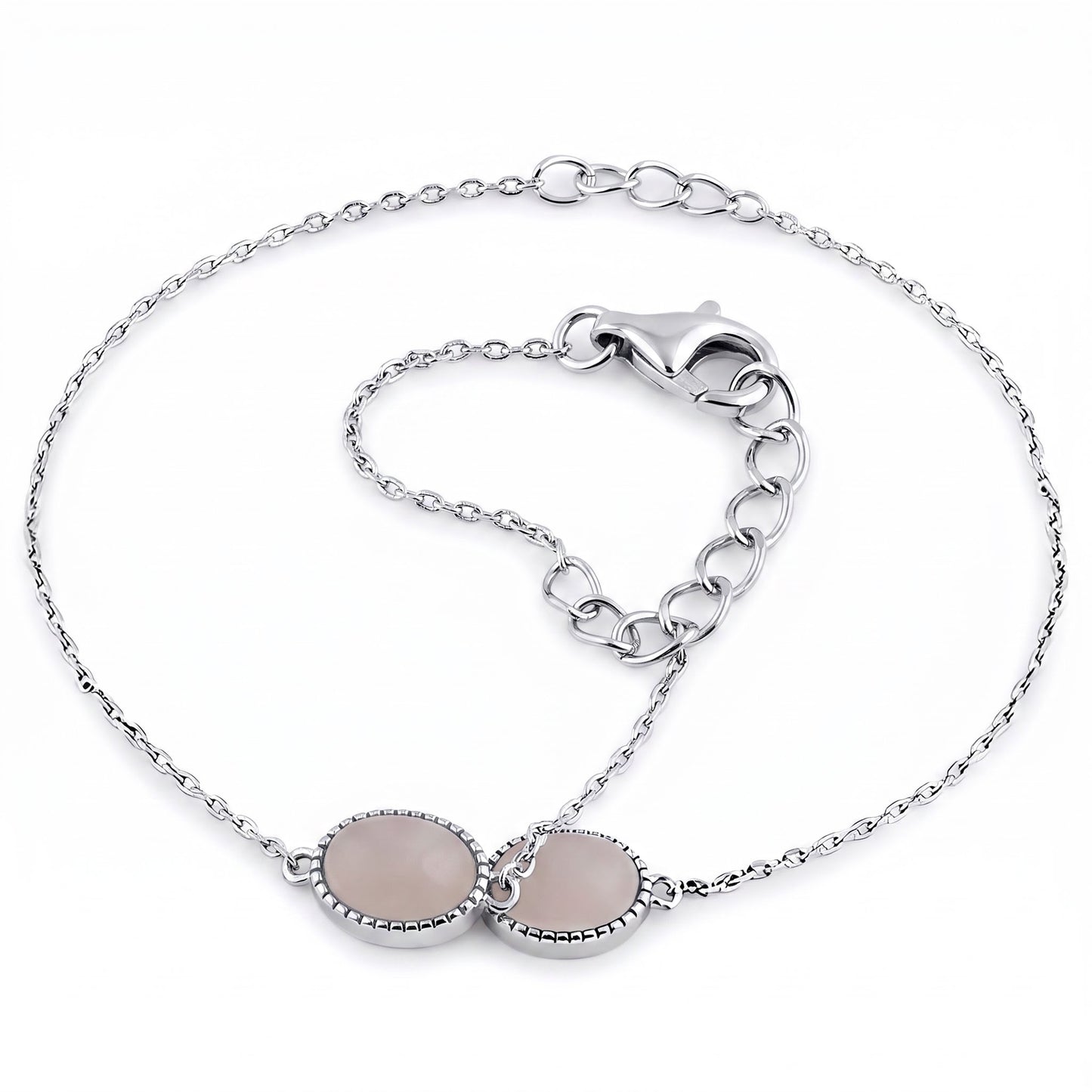 Sterling Silver Dusty Pink Oval Bracelet for Women, Chain Link, Dainty Everyday Jewelry Gift
