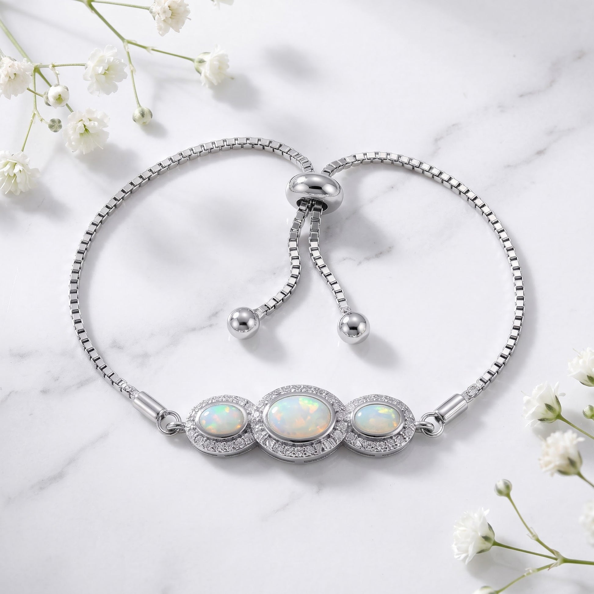 Sterling Silver Adjustable Triple Oval White Lab Opal & Clear CZ Box Chain Bracelet for Women, Dainty Everyday Jewelry Gift view 1