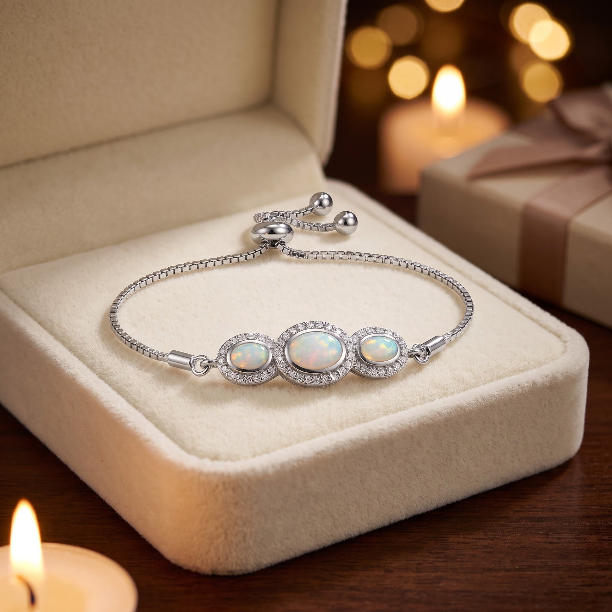 Sterling Silver Adjustable Triple Oval White Lab Opal & Clear CZ Box Chain Bracelet for Women, Dainty Everyday Jewelry Gift view 2