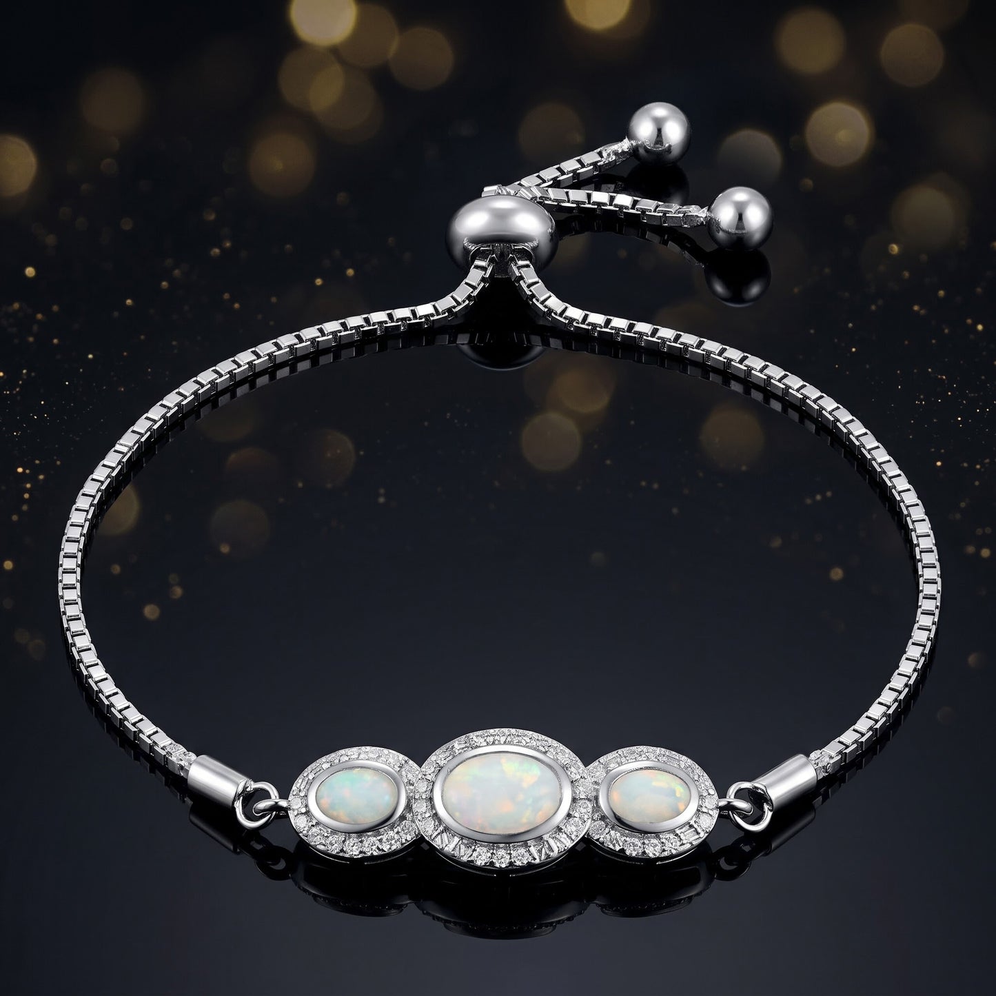 Sterling Silver Adjustable Triple Oval White Lab Opal & Clear CZ Box Chain Bracelet for Women, Dainty Everyday Jewelry Gift view 3