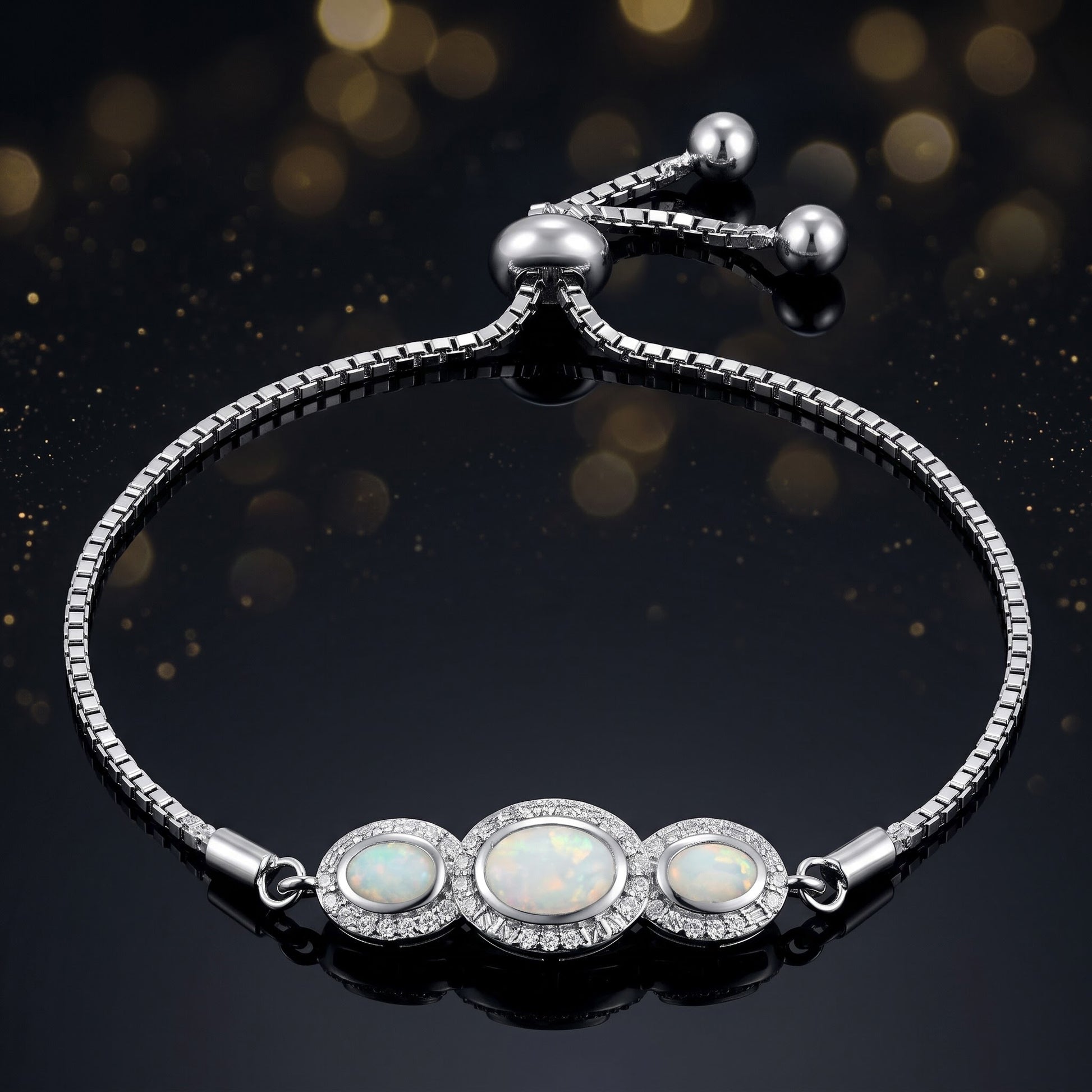 Sterling Silver Adjustable Triple Oval White Lab Opal & Clear CZ Box Chain Bracelet for Women, Dainty Everyday Jewelry Gift view 3