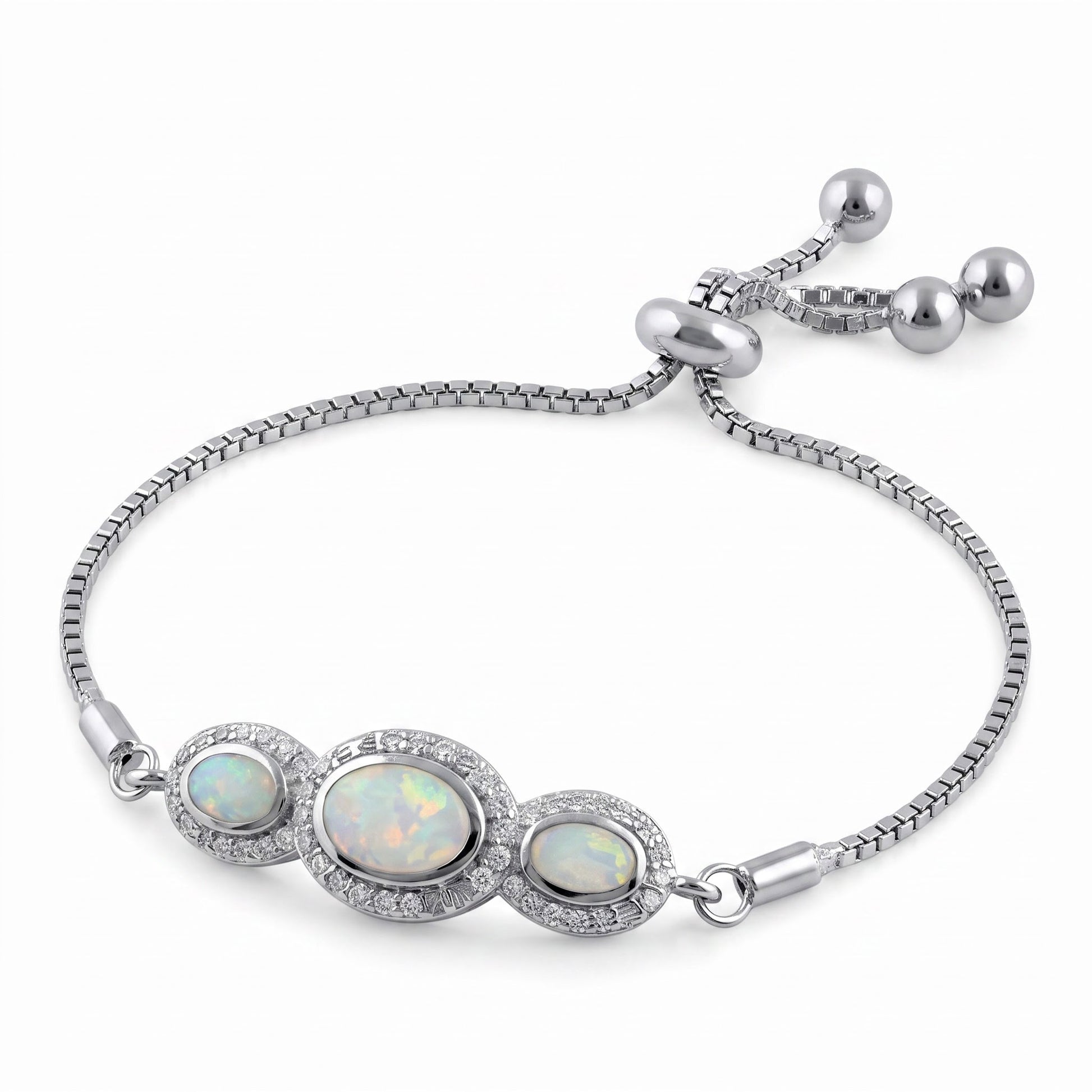 Sterling Silver Adjustable Triple Oval White Lab Opal & Clear CZ Box Chain Bracelet for Women, Dainty Everyday Jewelry Gift