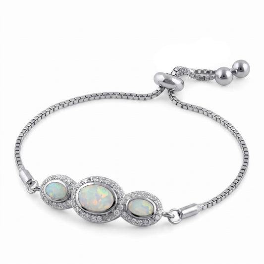 Sterling Silver Adjustable Triple Oval White Lab Opal & Clear CZ Box Chain Bracelet for Women, Dainty Everyday Jewelry Gift