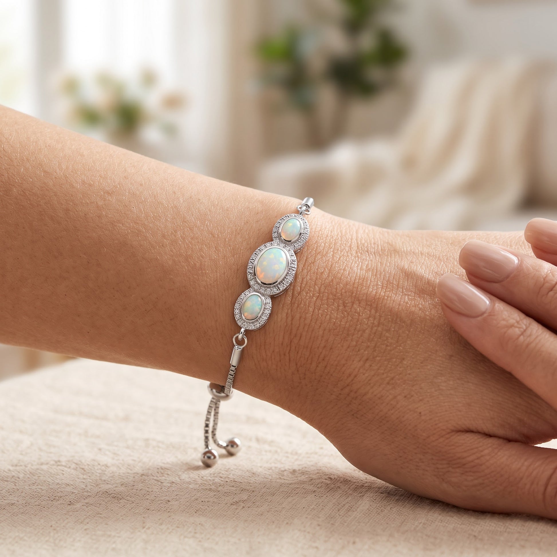 Sterling Silver Adjustable Triple Oval White Lab Opal & Clear CZ Box Chain Bracelet for Women, Dainty Everyday Jewelry Gift view 4