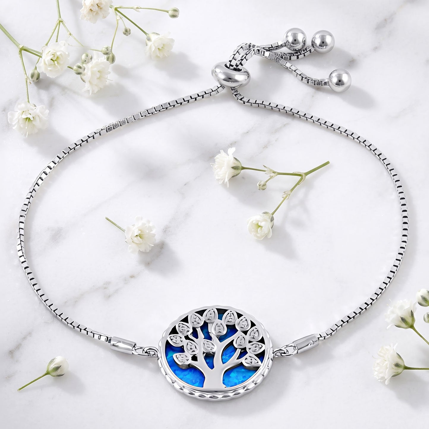 Sterling Silver Adjustable Tree of Life Blue Lab Opal & Clear CZ Box Chain Bracelet for Women, Dainty Everyday Jewelry Gift view 1