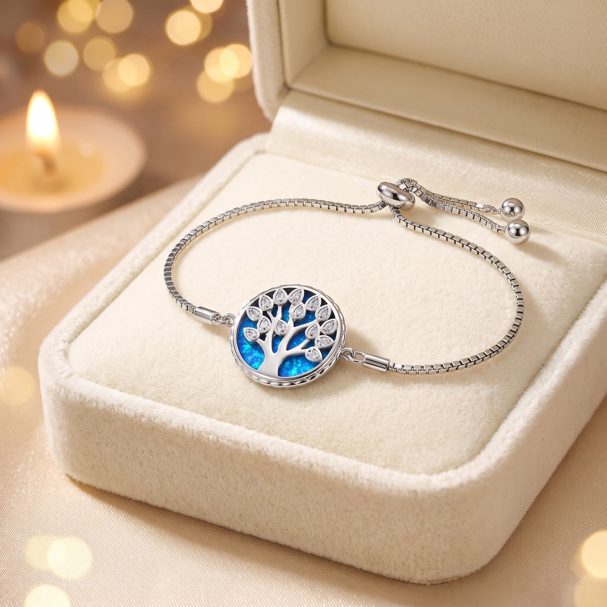 Sterling Silver Adjustable Tree of Life Blue Lab Opal & Clear CZ Box Chain Bracelet for Women, Dainty Everyday Jewelry Gift view 2
