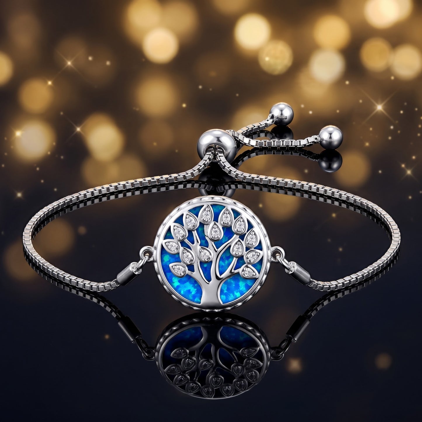 Sterling Silver Adjustable Tree of Life Blue Lab Opal & Clear CZ Box Chain Bracelet for Women, Dainty Everyday Jewelry Gift view 3