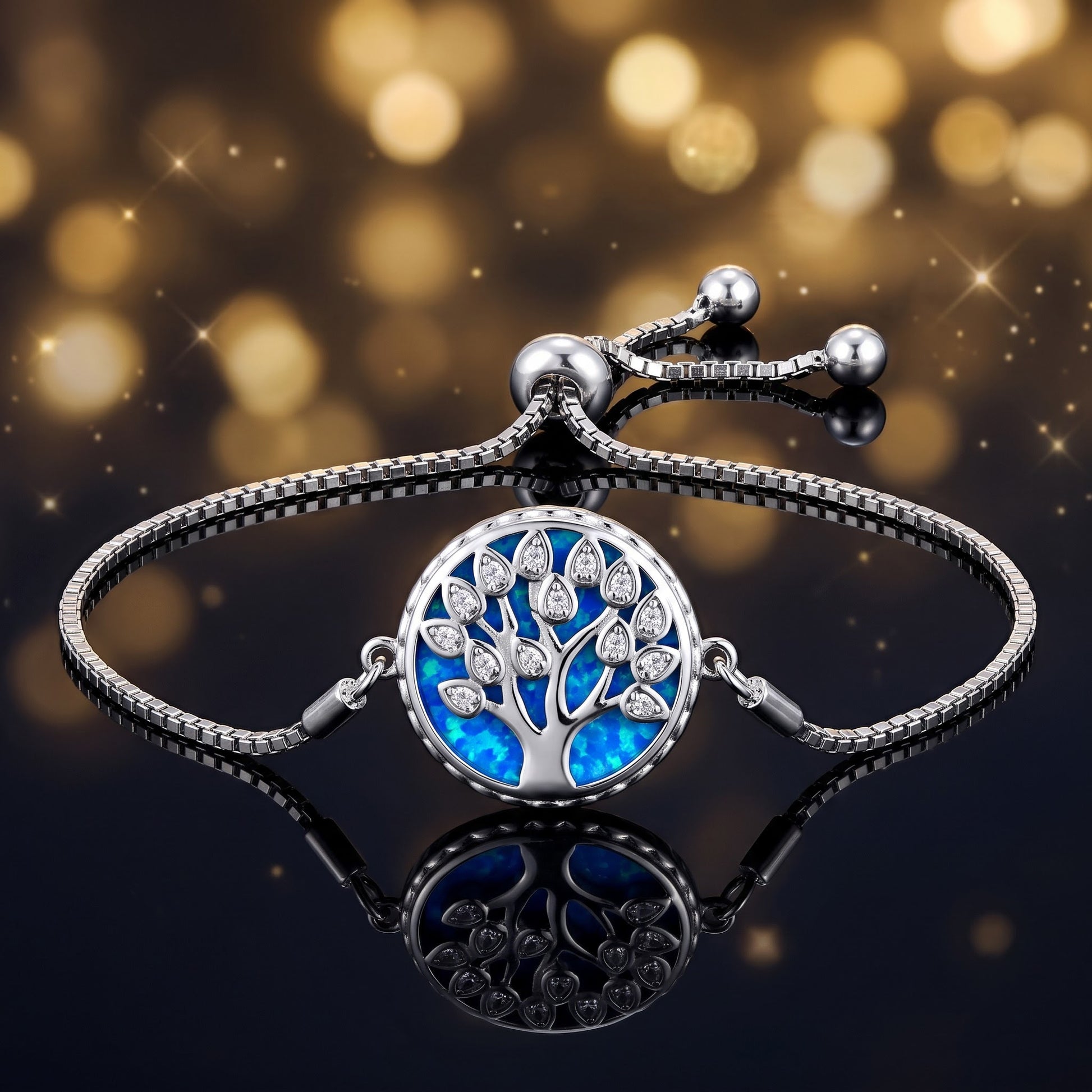 Sterling Silver Adjustable Tree of Life Blue Lab Opal & Clear CZ Box Chain Bracelet for Women, Dainty Everyday Jewelry Gift view 3