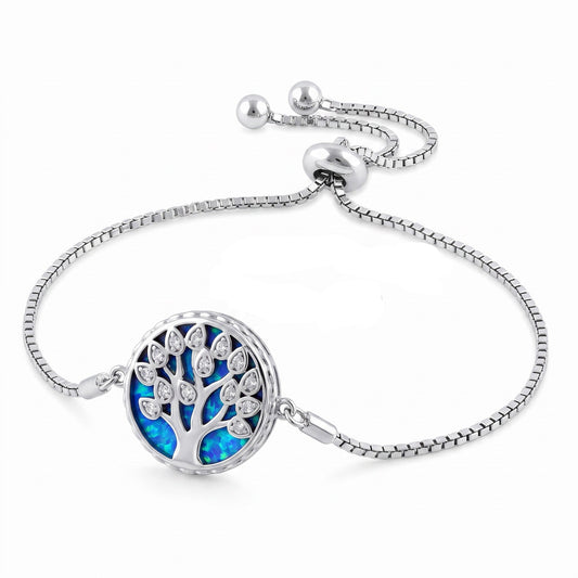 Sterling Silver Adjustable Tree of Life Blue Lab Opal & Clear CZ Box Chain Bracelet for Women, Dainty Everyday Jewelry Gift