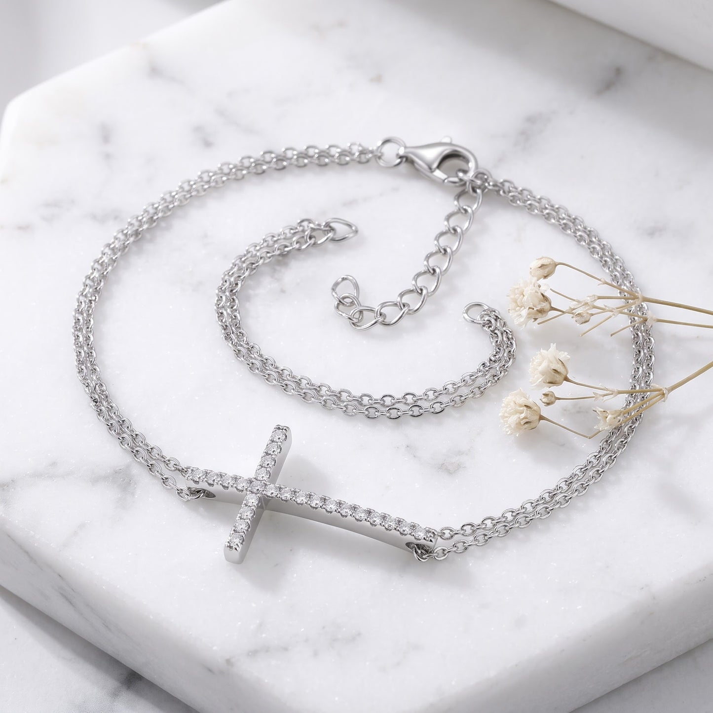 Sterling Silver Rose Gold Plated Clear CZ Cross Bracelet for Women, Dainty Everyday Jewelry Gift view 1