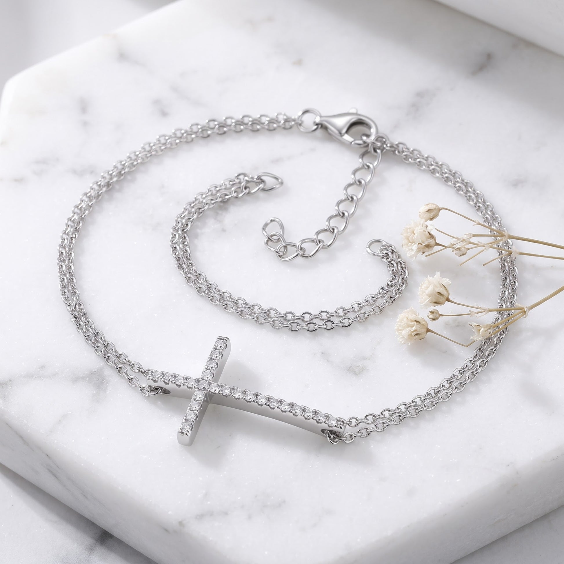 Sterling Silver Rose Gold Plated Clear CZ Cross Bracelet for Women, Dainty Everyday Jewelry Gift view 1