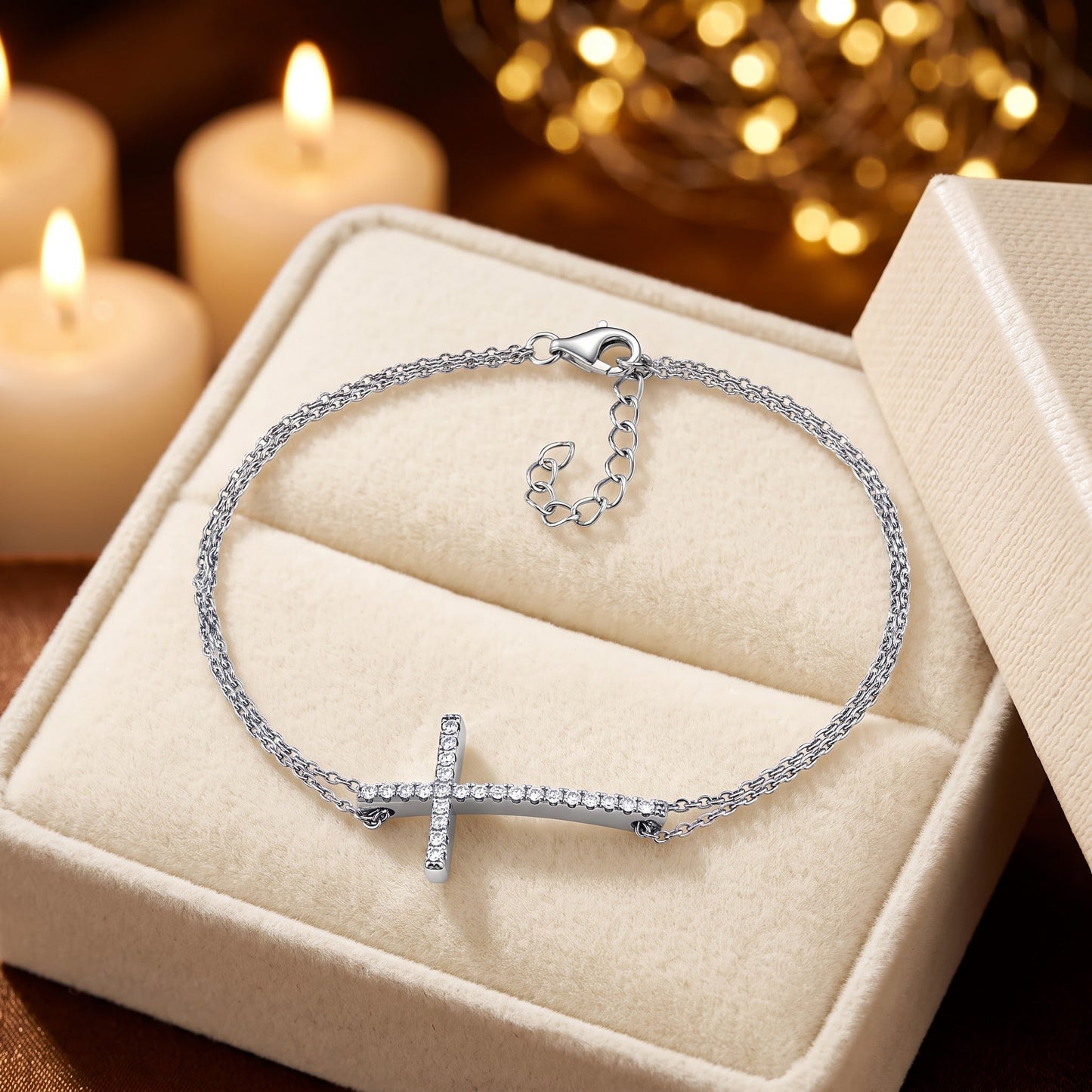 Sterling Silver Rose Gold Plated Clear CZ Cross Bracelet for Women, Dainty Everyday Jewelry Gift view 2