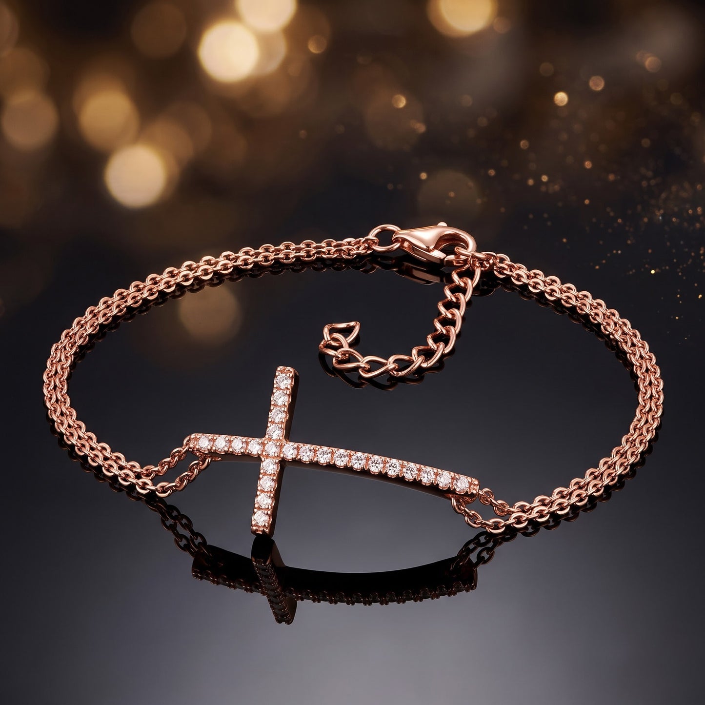 Sterling Silver Rose Gold Plated Clear CZ Cross Bracelet for Women, Dainty Everyday Jewelry Gift view 3