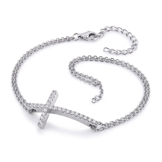 Sterling Silver Rose Gold Plated Clear CZ Cross Bracelet for Women, Dainty Everyday Jewelry Gift