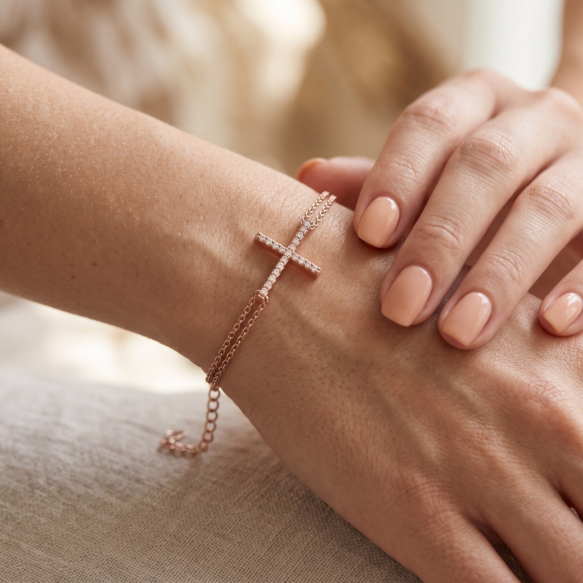 Sterling Silver Rose Gold Plated Clear CZ Cross Bracelet for Women, Dainty Everyday Jewelry Gift view 4