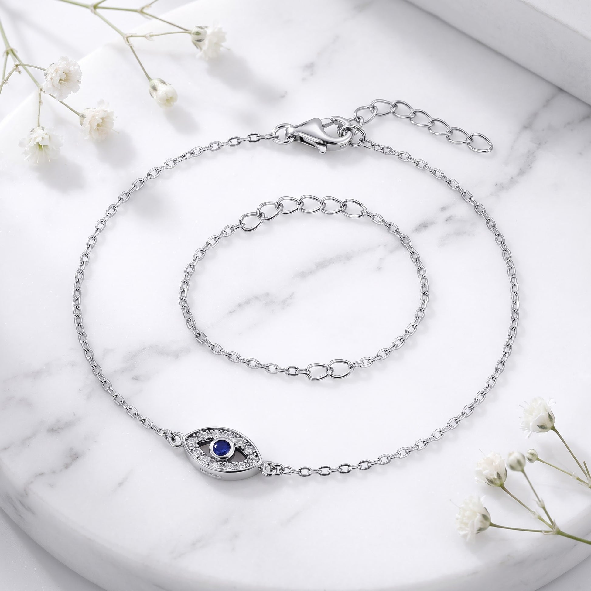 Sterling Silver Eye Blue Spinel CZ Bracelet for Women, Chain Link, Dainty Everyday Jewelry Gift view 1
