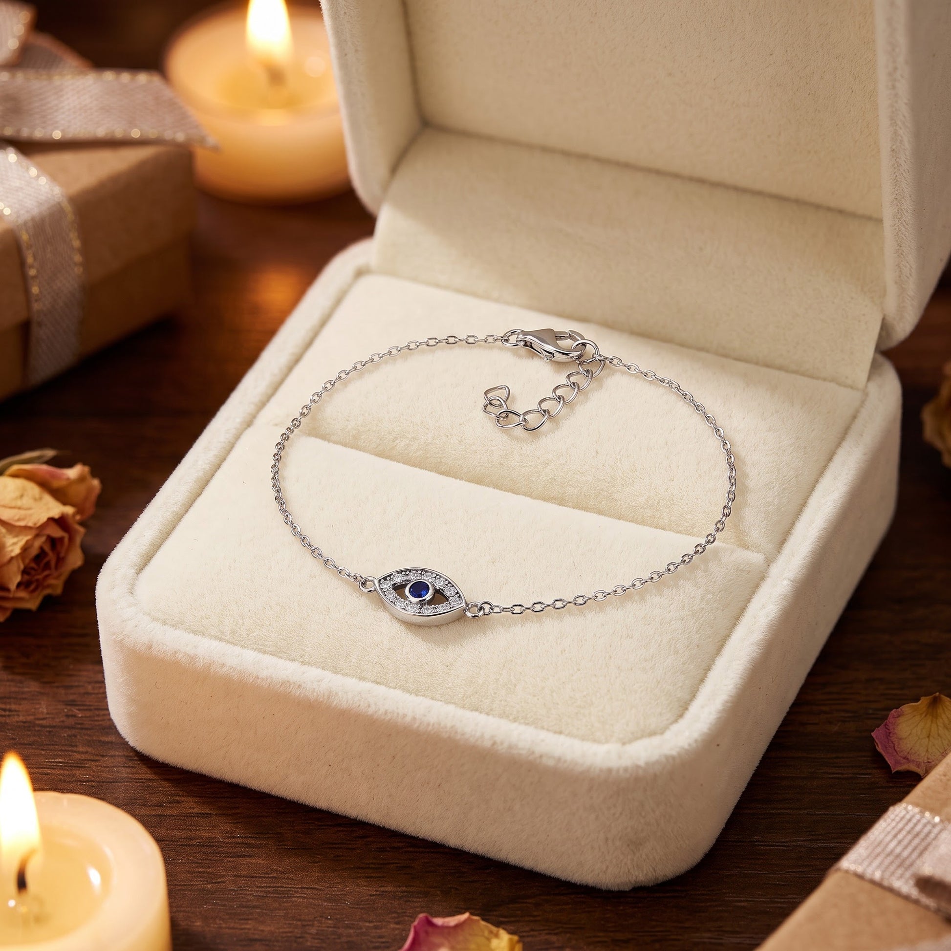 Sterling Silver Eye Blue Spinel CZ Bracelet for Women, Chain Link, Dainty Everyday Jewelry Gift view 2