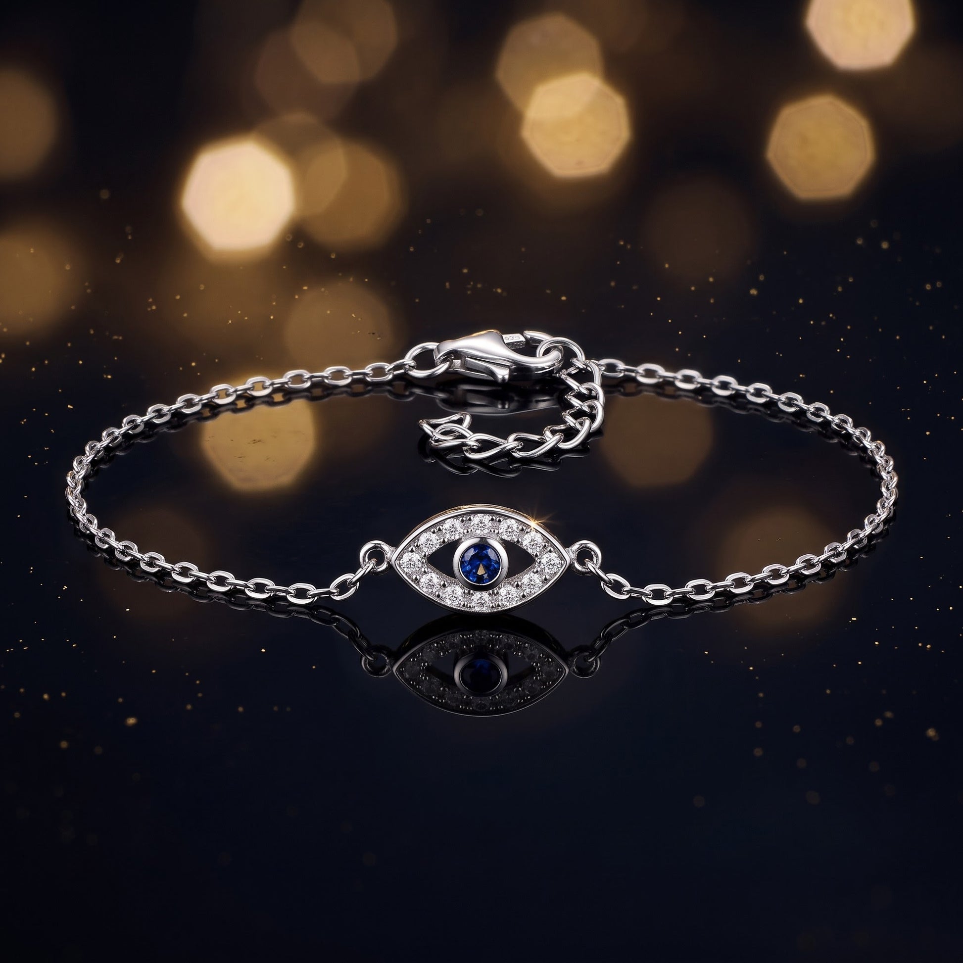 Sterling Silver Eye Blue Spinel CZ Bracelet for Women, Chain Link, Dainty Everyday Jewelry Gift view 3