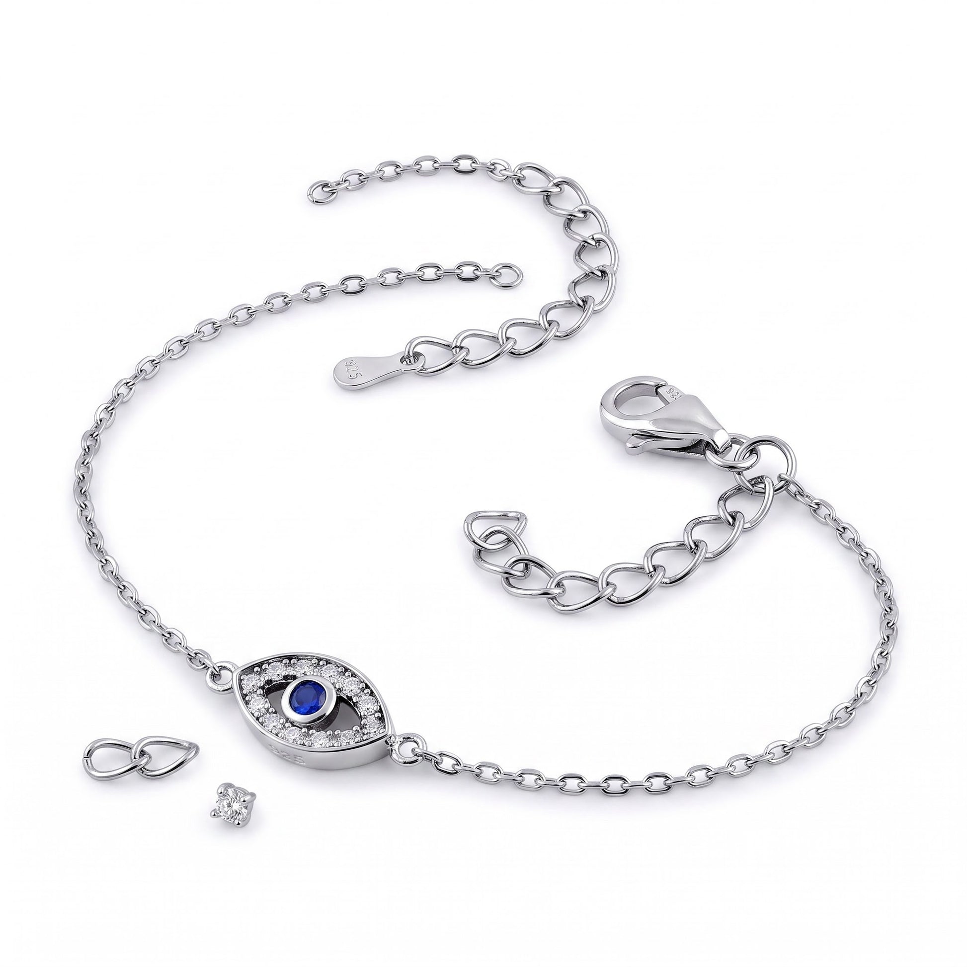 Sterling Silver Eye Blue Spinel CZ Bracelet for Women, Chain Link, Dainty Everyday Jewelry Gift