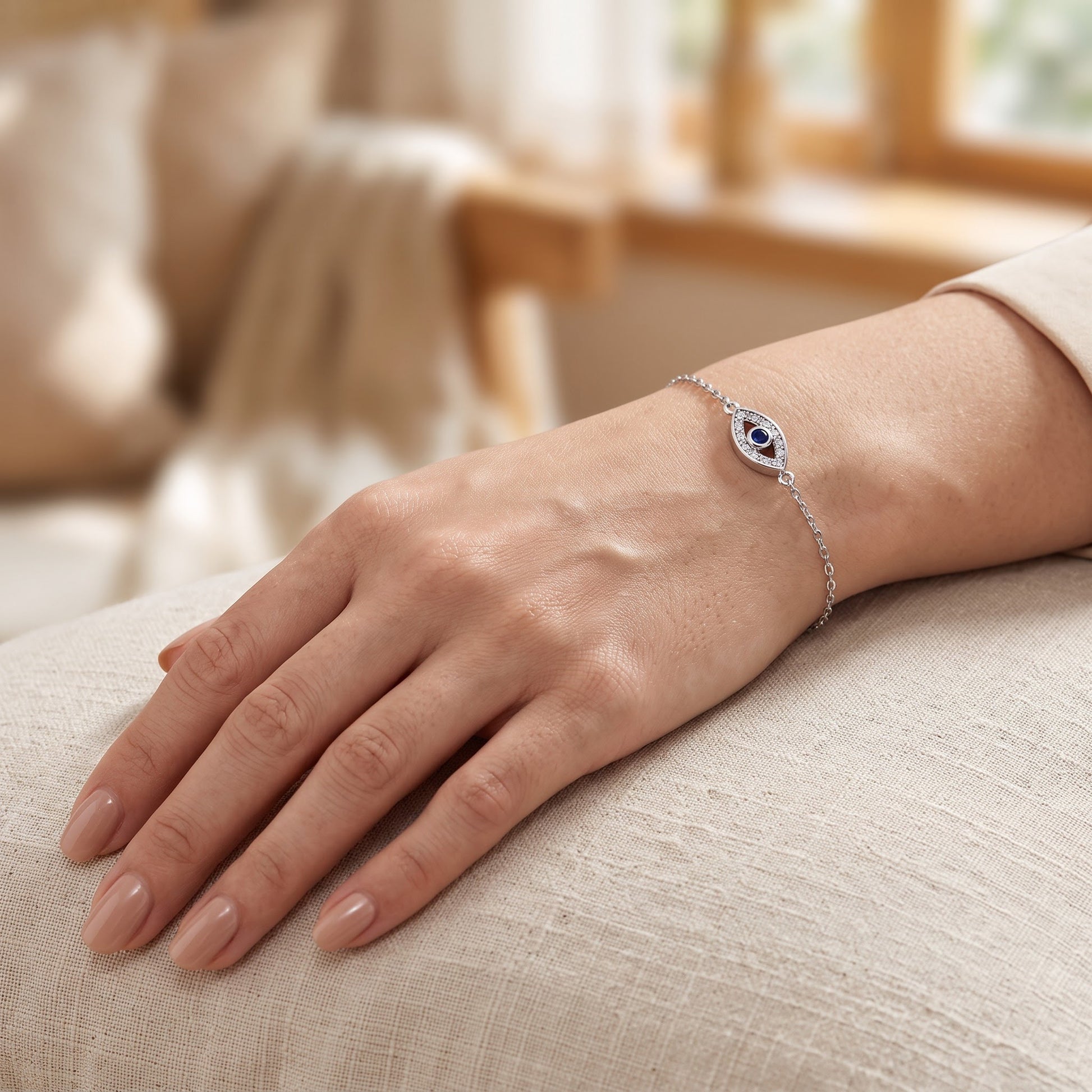 Sterling Silver Eye Blue Spinel CZ Bracelet for Women, Chain Link, Dainty Everyday Jewelry Gift view 4