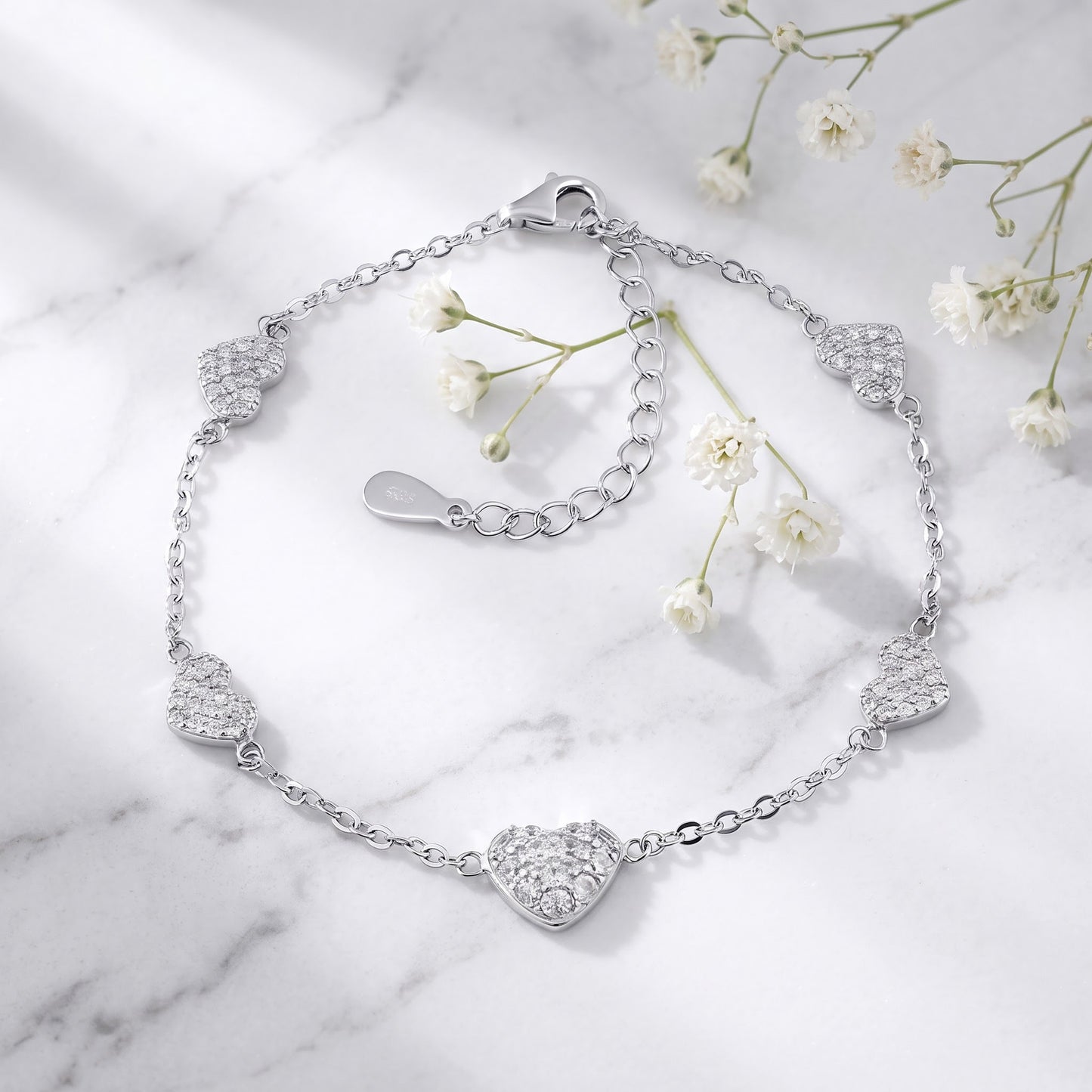 Sterling Silver Clear CZ Heart Charm Bracelet for Women, Dainty Everyday Jewelry Gift view 1