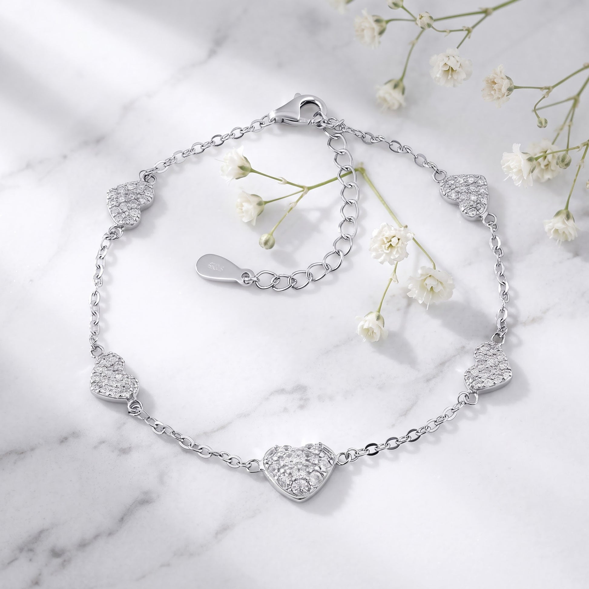 Sterling Silver Clear CZ Heart Charm Bracelet for Women, Dainty Everyday Jewelry Gift view 1