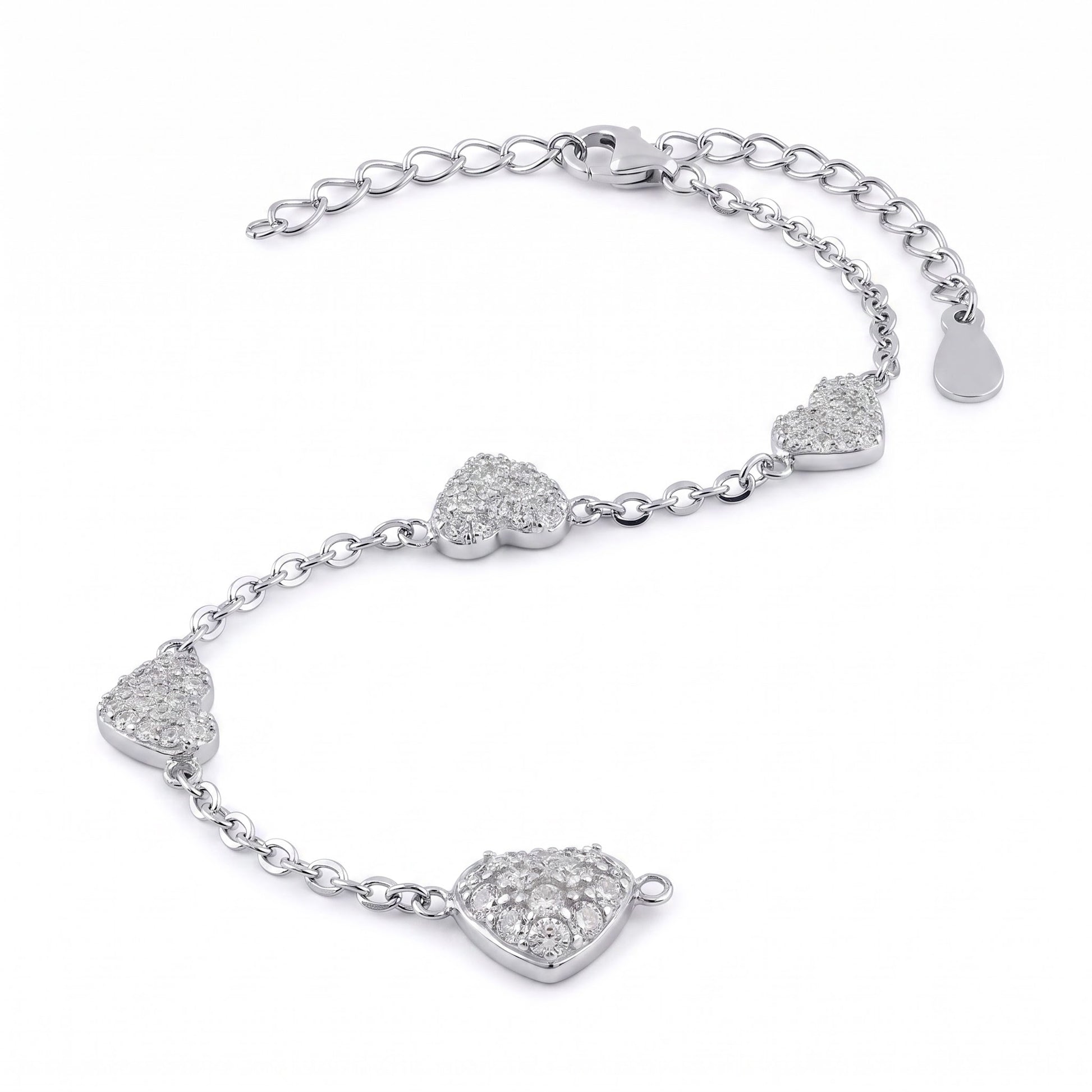 Sterling Silver Clear CZ Heart Charm Bracelet for Women, Dainty Everyday Jewelry Gift
