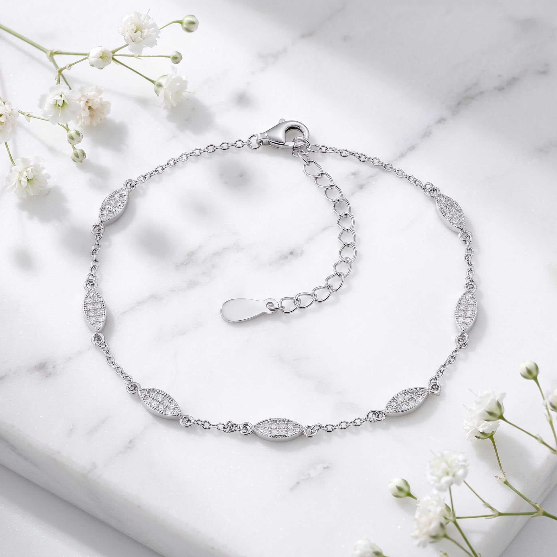 Sterling Silver Clear CZ Marquise Charm Bracelet for Women, Dainty Everyday Jewelry Gift view 1