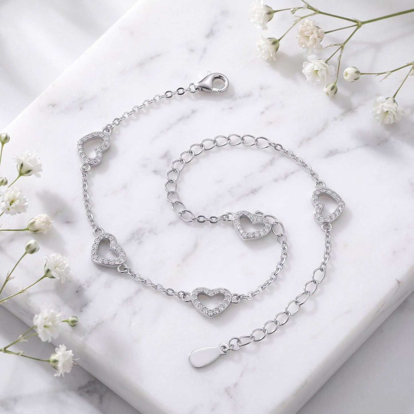 Sterling Silver Clear CZ Heart Charm Bracelet for Women, Dainty Everyday Jewelry Gift view 1