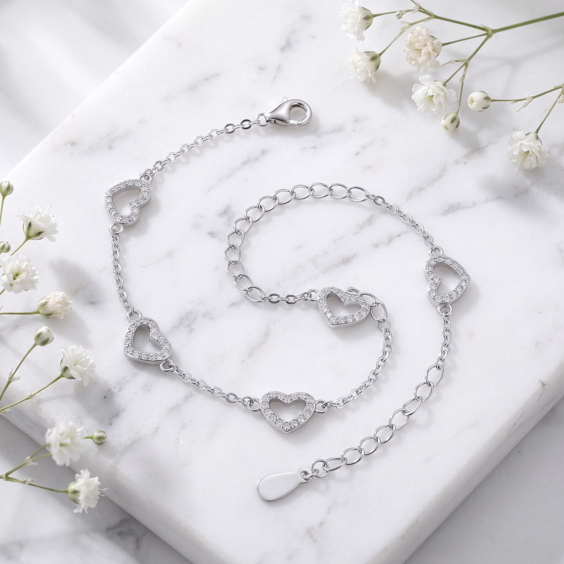 Sterling Silver Clear CZ Heart Charm Bracelet for Women, Dainty Everyday Jewelry Gift view 1
