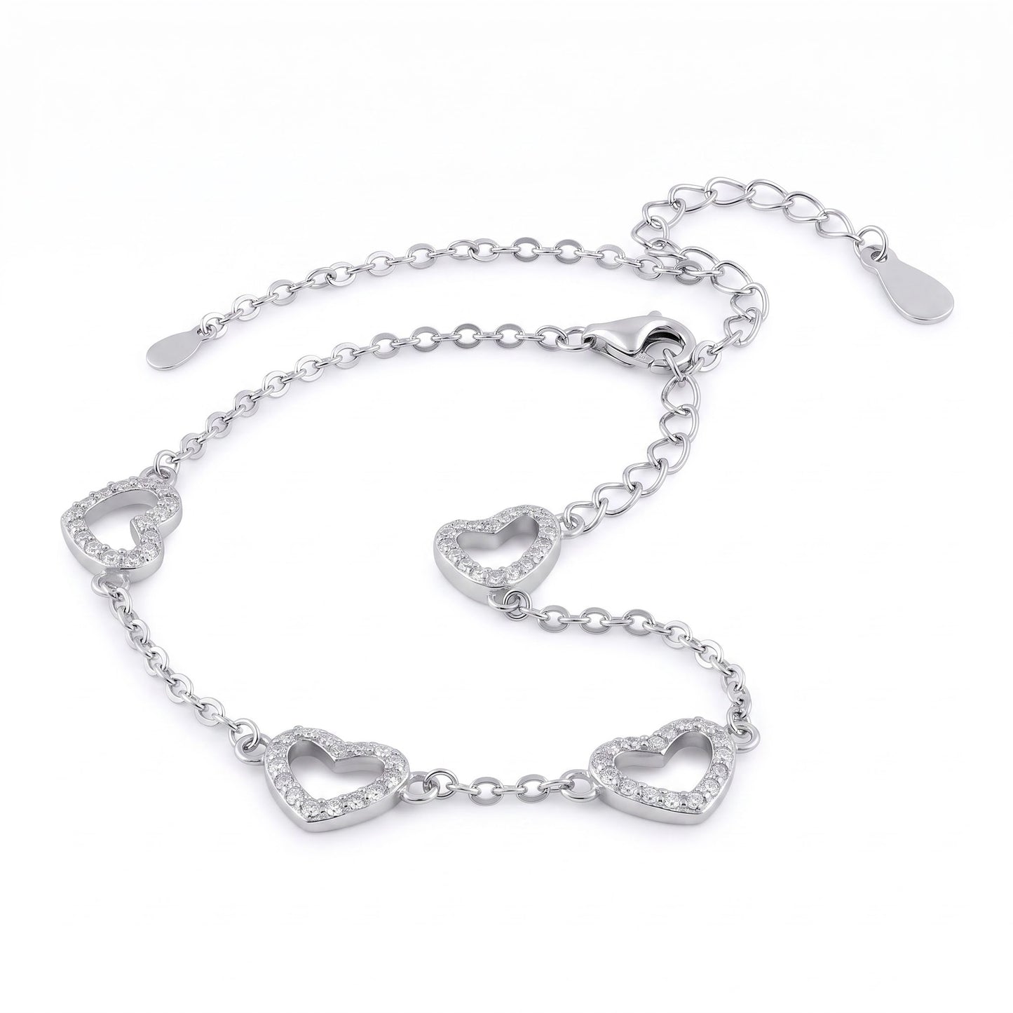 Sterling Silver Clear CZ Heart Charm Bracelet for Women, Dainty Everyday Jewelry Gift