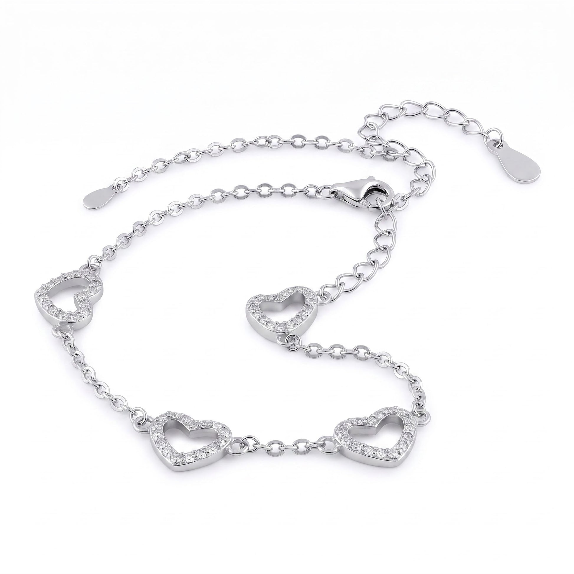 Sterling Silver Clear CZ Heart Charm Bracelet for Women, Dainty Everyday Jewelry Gift