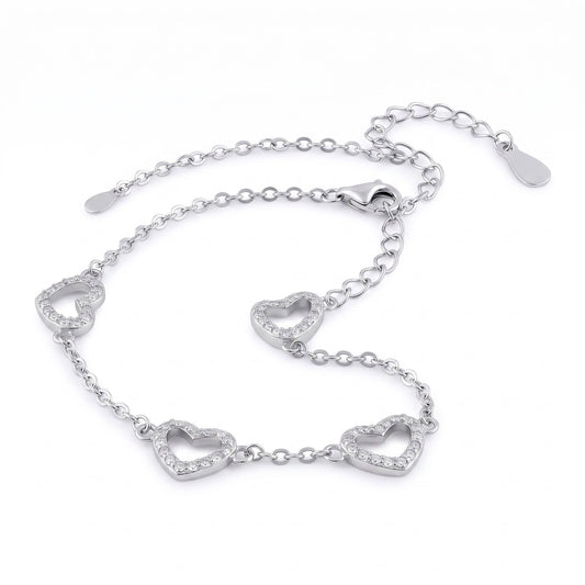 Sterling Silver Clear CZ Heart Charm Bracelet for Women, Dainty Everyday Jewelry Gift