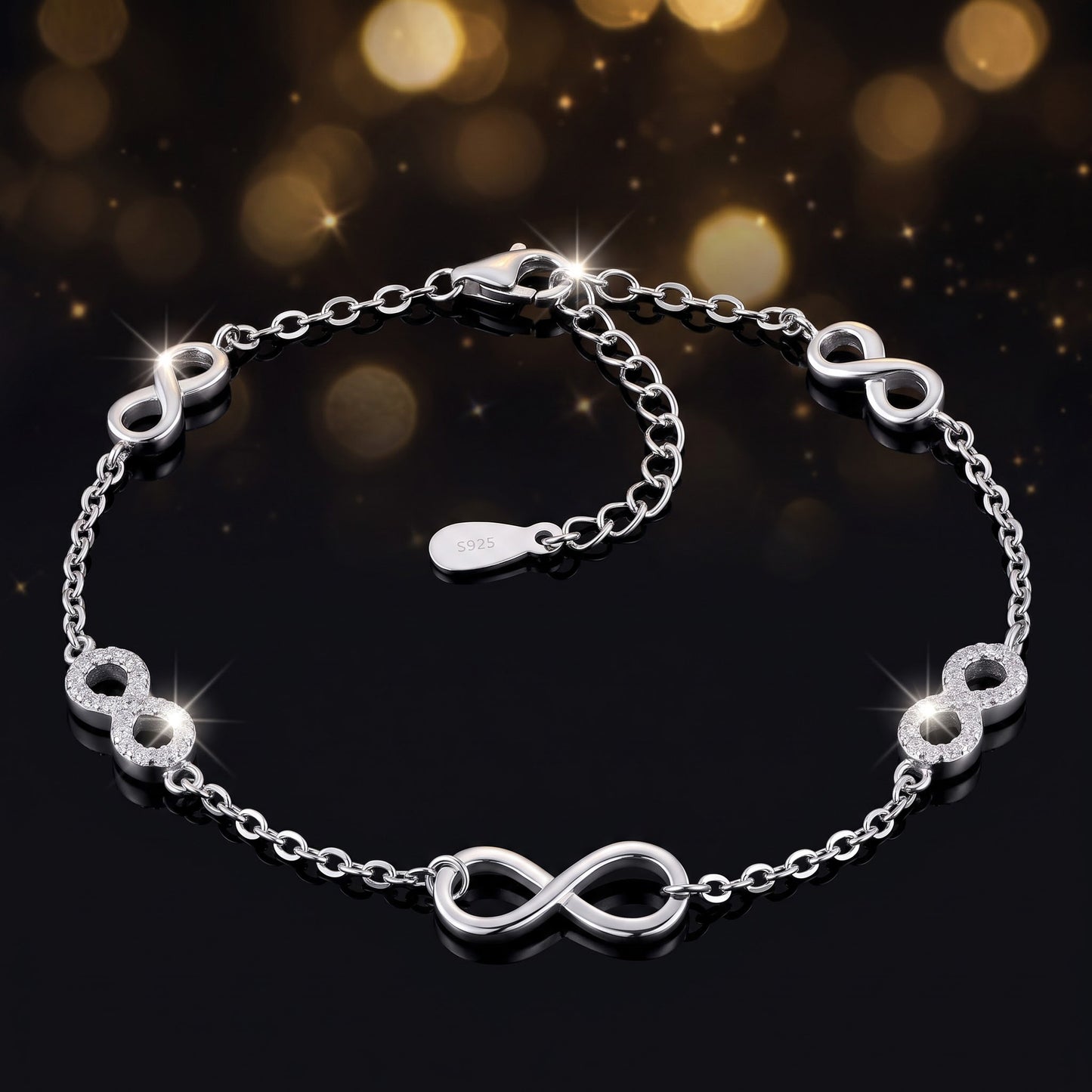 Sterling Silver Clear CZ Infinity Charm Bracelet for Women, Dainty Everyday Jewelry Gift view 3