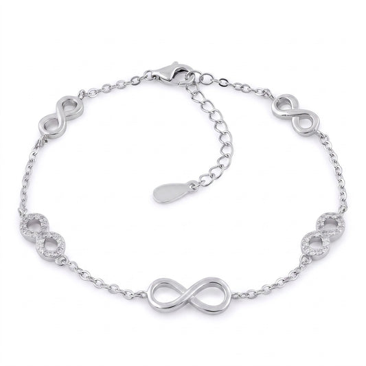 Sterling Silver Clear CZ Infinity Charm Bracelet for Women, Dainty Everyday Jewelry Gift