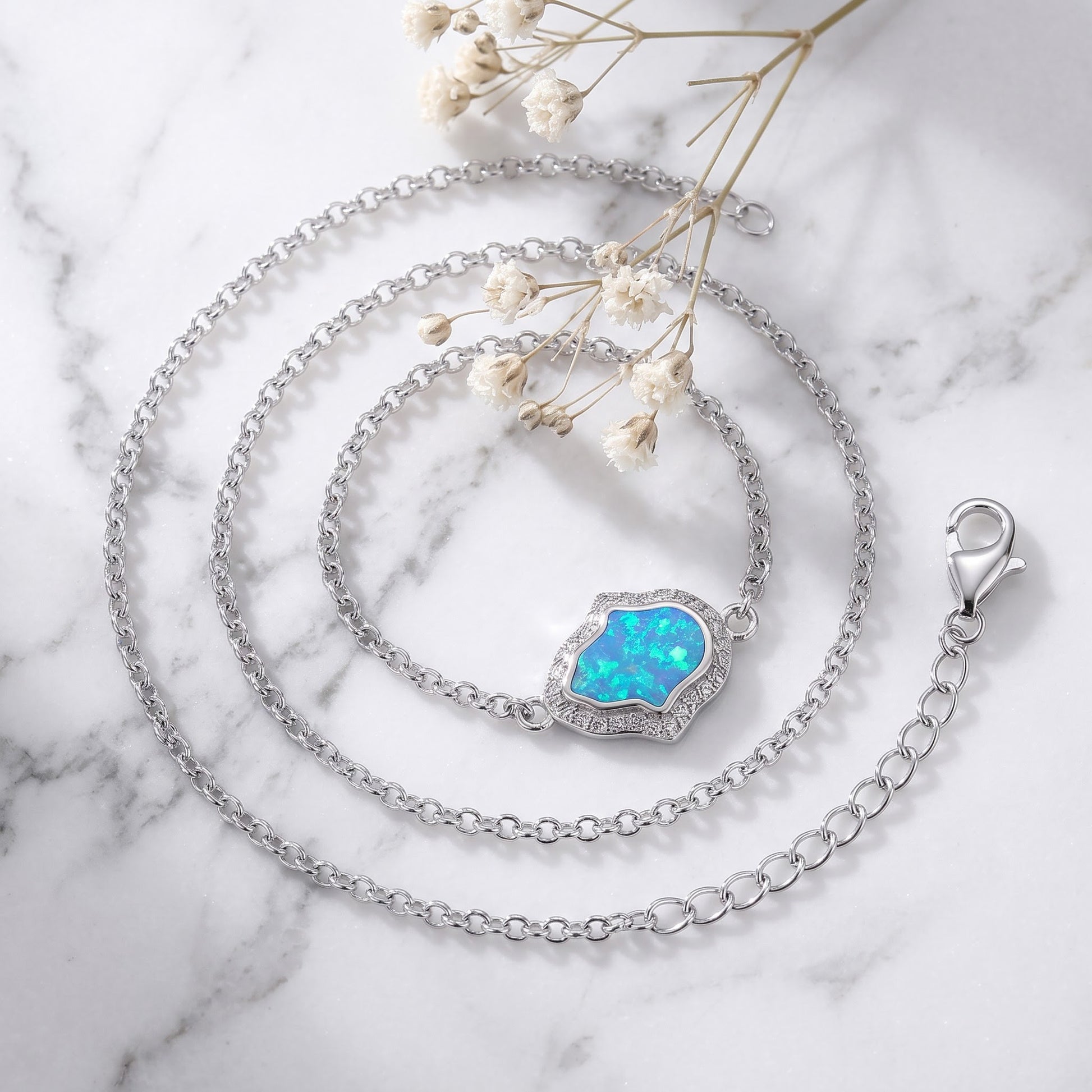 Sterling Silver Clear CZ & Blue Opal Hamsa Bracelet for Women, Chain Link, Dainty Everyday Jewelry Gift view 1