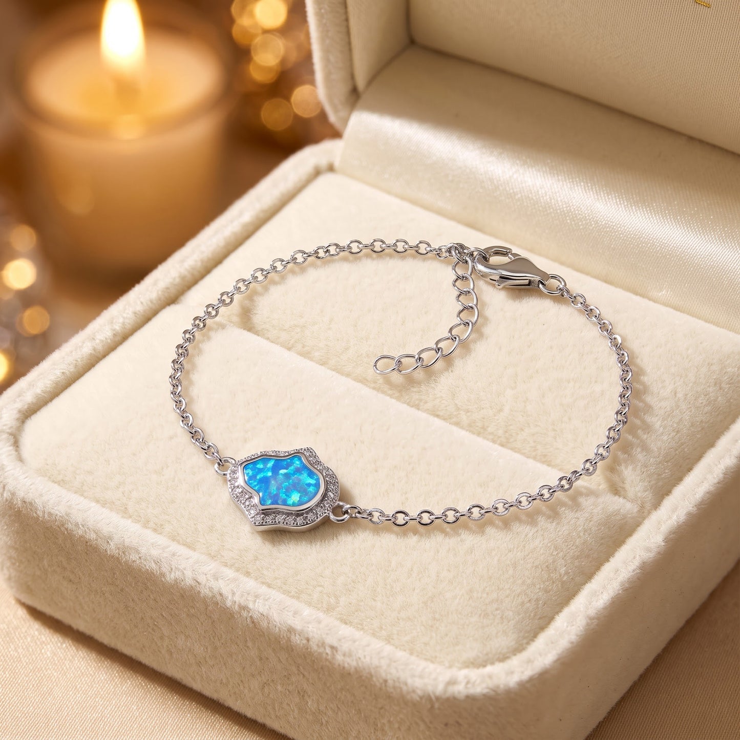 Sterling Silver Clear CZ & Blue Opal Hamsa Bracelet for Women, Chain Link, Dainty Everyday Jewelry Gift view 2