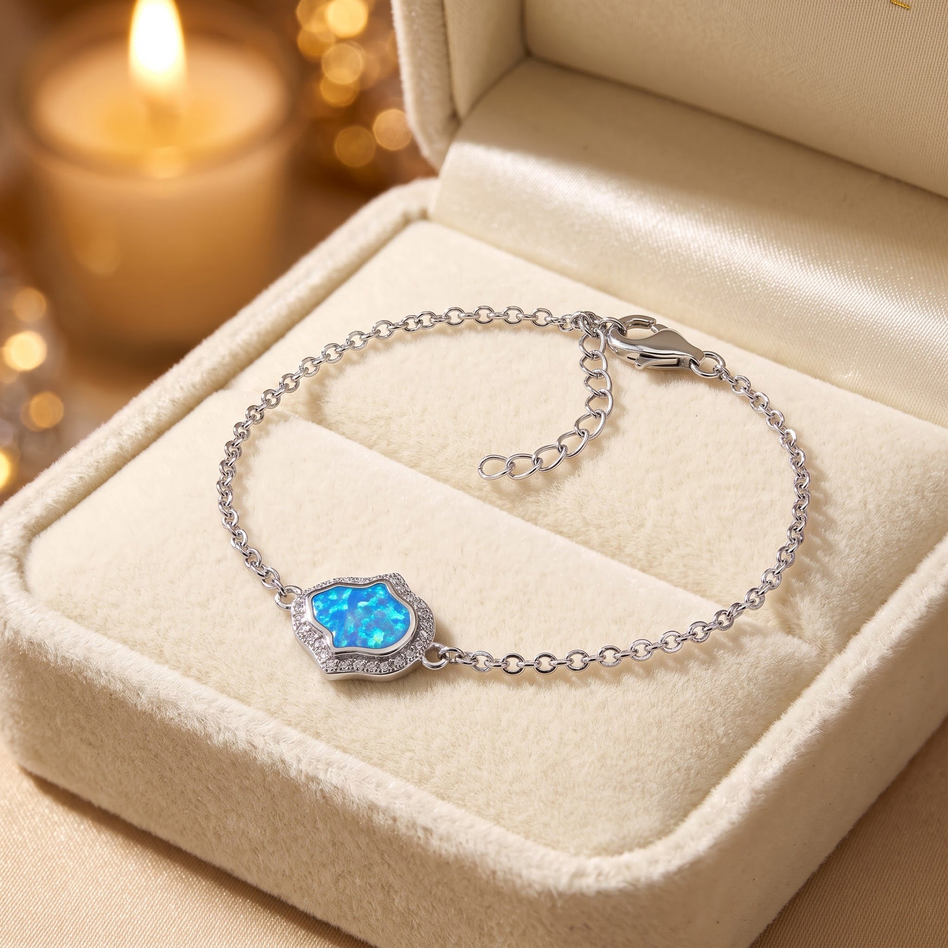 Sterling Silver Clear CZ & Blue Opal Hamsa Bracelet for Women, Chain Link, Dainty Everyday Jewelry Gift view 2