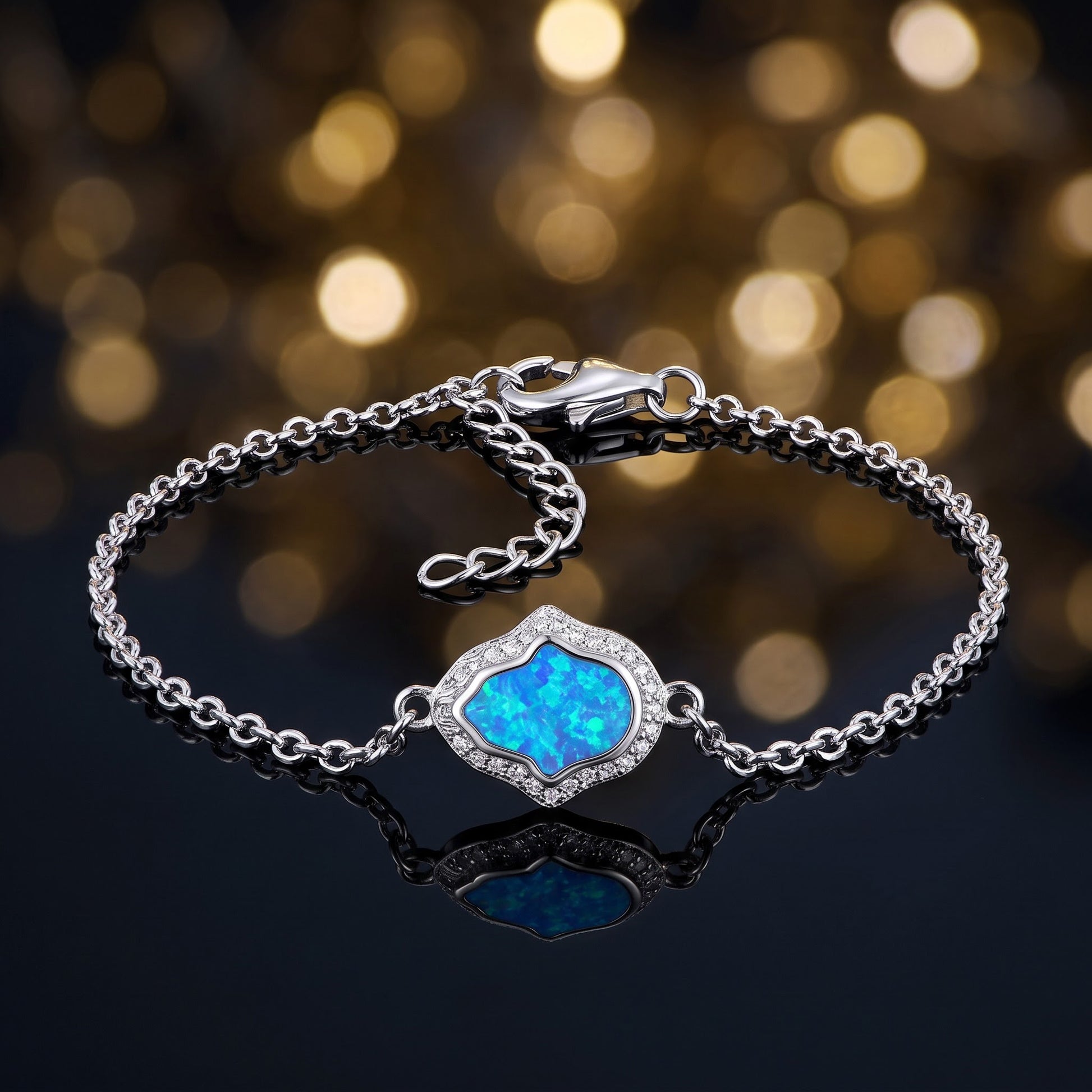 Sterling Silver Clear CZ & Blue Opal Hamsa Bracelet for Women, Chain Link, Dainty Everyday Jewelry Gift view 3