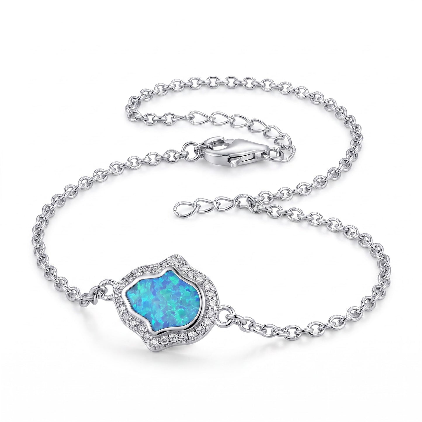 Sterling Silver Clear CZ & Blue Opal Hamsa Bracelet for Women, Chain Link, Dainty Everyday Jewelry Gift