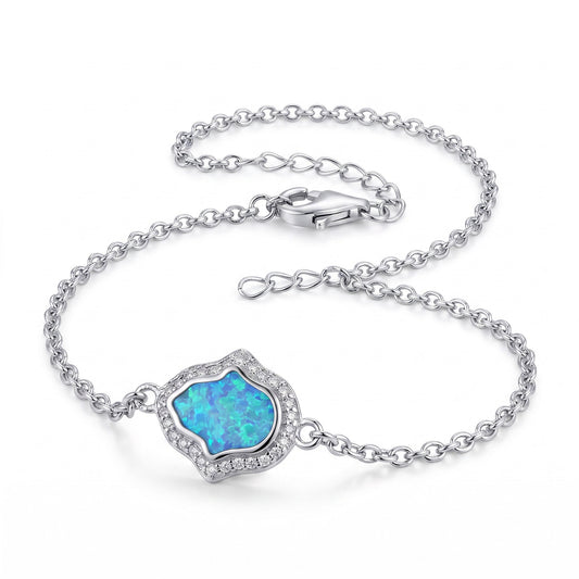 Sterling Silver Clear CZ & Blue Opal Hamsa Bracelet for Women, Chain Link, Dainty Everyday Jewelry Gift