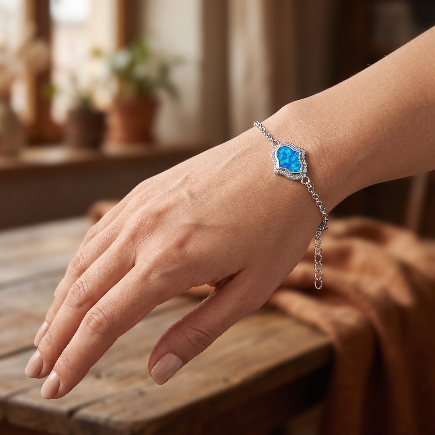 Sterling Silver Clear CZ & Blue Opal Hamsa Bracelet for Women, Chain Link, Dainty Everyday Jewelry Gift view 4