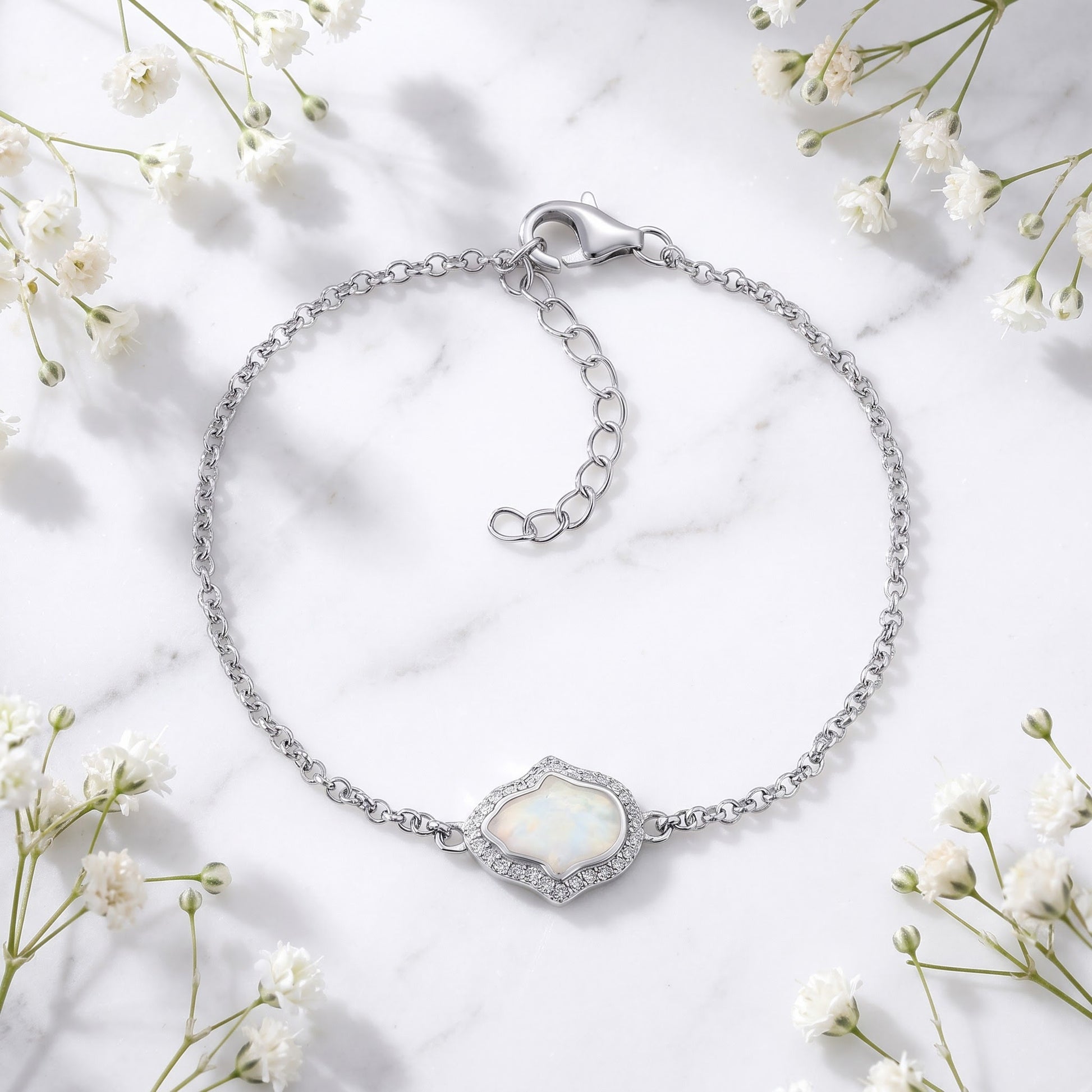 Sterling Silver Clear CZ & White Opal Hamsa Bracelet for Women, Chain Link, Dainty Everyday Jewelry Gift view 1