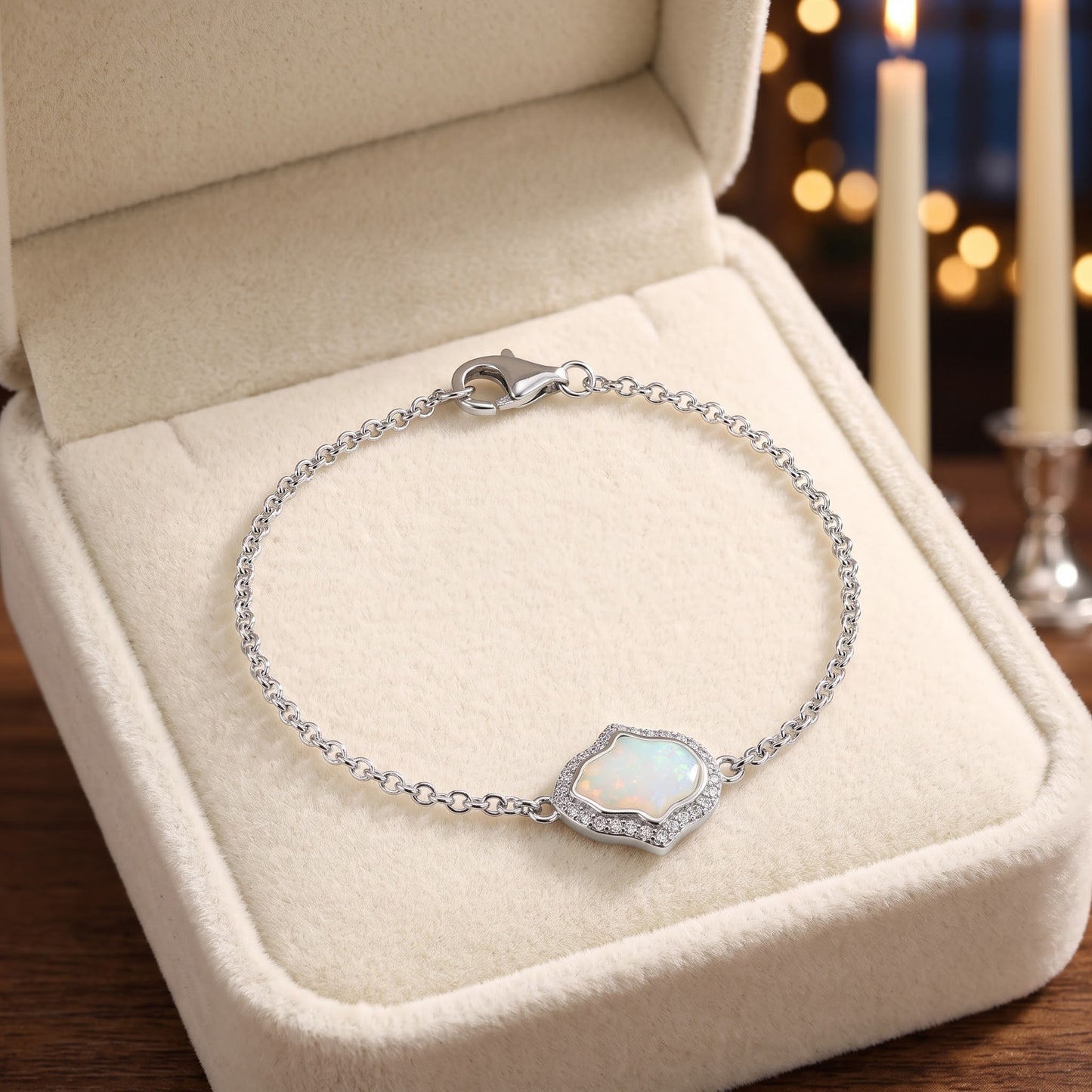 Sterling Silver Clear CZ & White Opal Hamsa Bracelet for Women, Chain Link, Dainty Everyday Jewelry Gift view 2