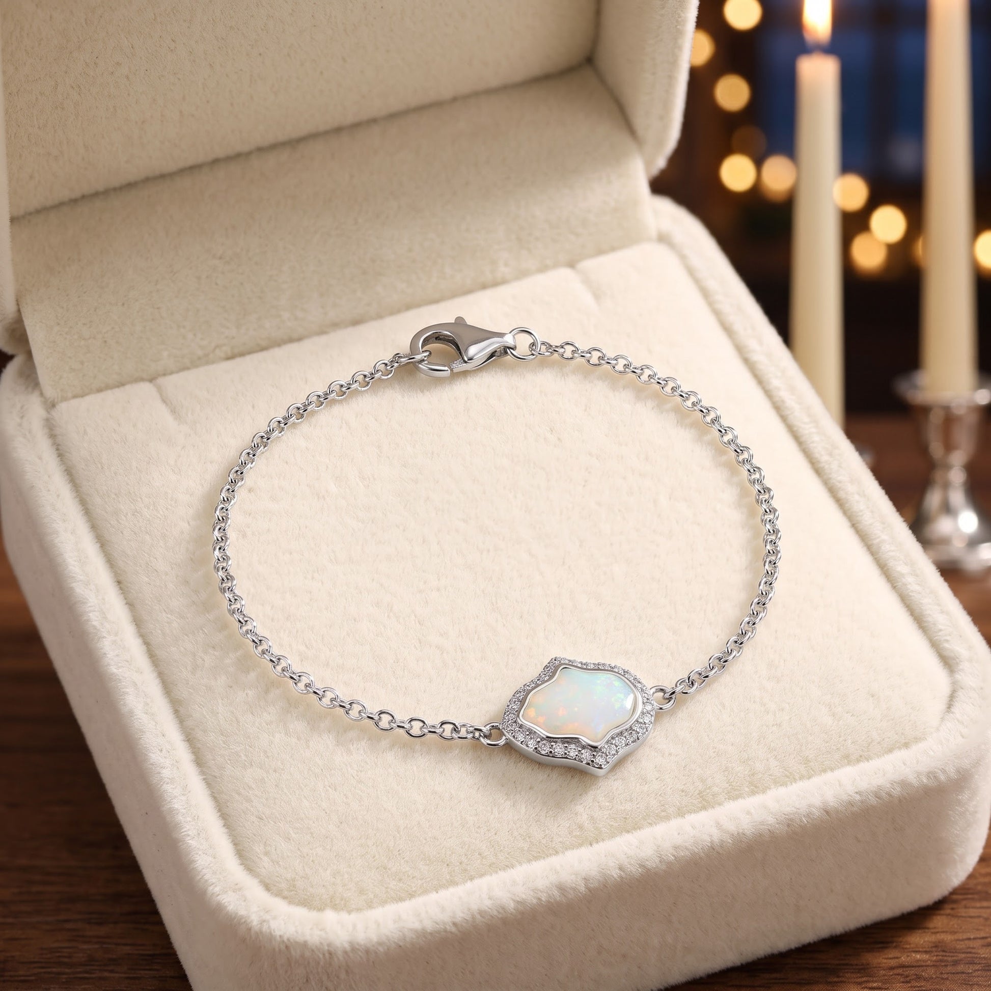 Sterling Silver Clear CZ & White Opal Hamsa Bracelet for Women, Chain Link, Dainty Everyday Jewelry Gift view 2