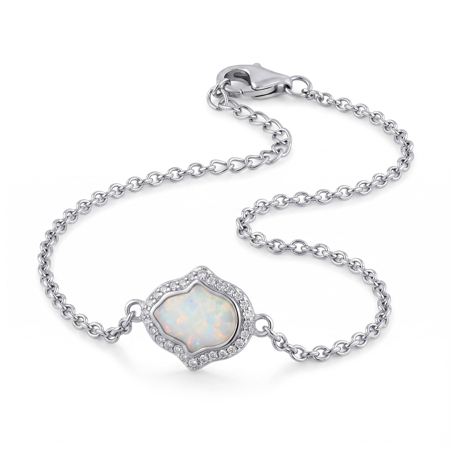 Sterling Silver Clear CZ & White Opal Hamsa Bracelet for Women, Chain Link, Dainty Everyday Jewelry Gift