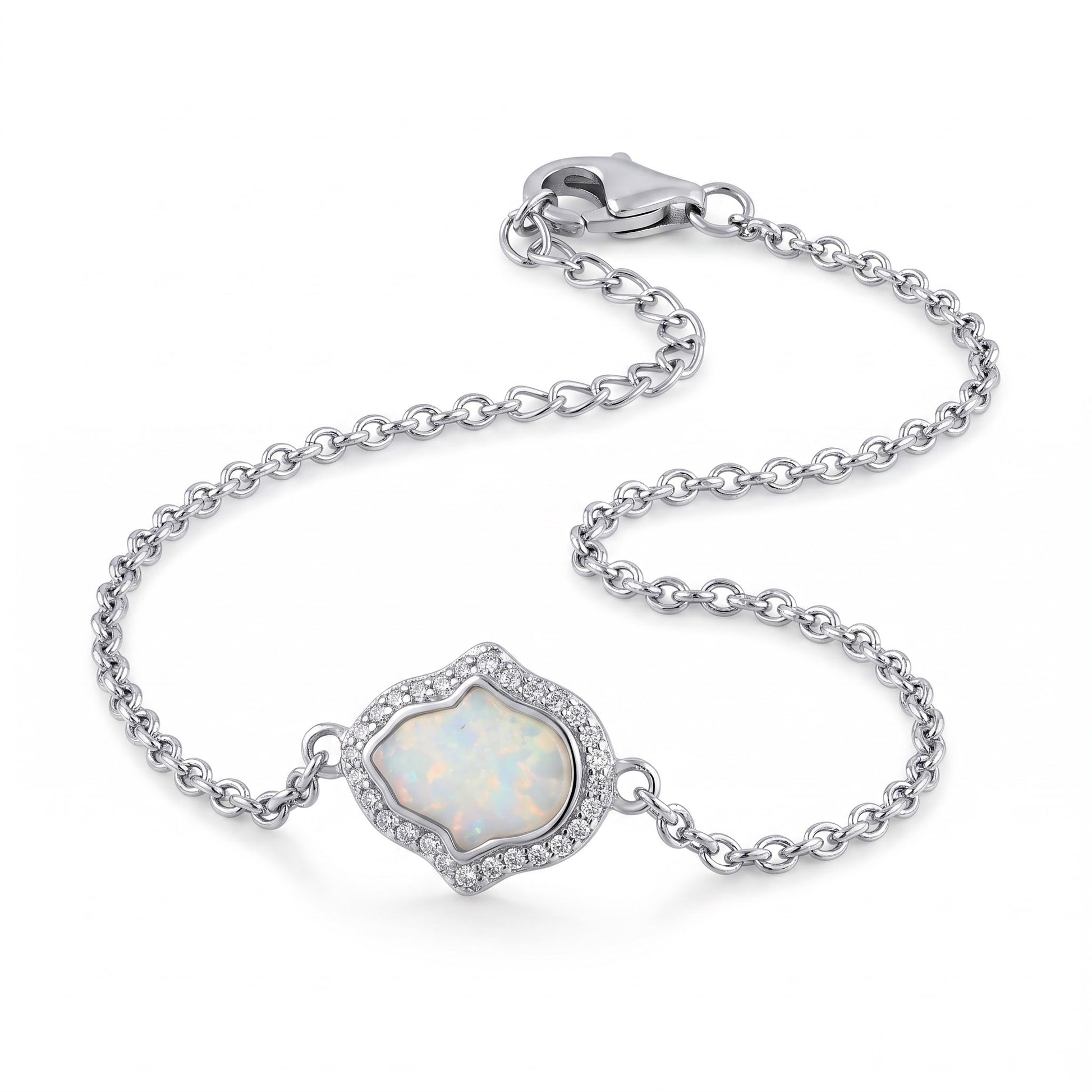 Sterling Silver Clear CZ & White Opal Hamsa Bracelet for Women, Chain Link, Dainty Everyday Jewelry Gift