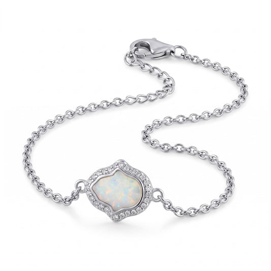 Sterling Silver Clear CZ & White Opal Hamsa Bracelet for Women, Chain Link, Dainty Everyday Jewelry Gift