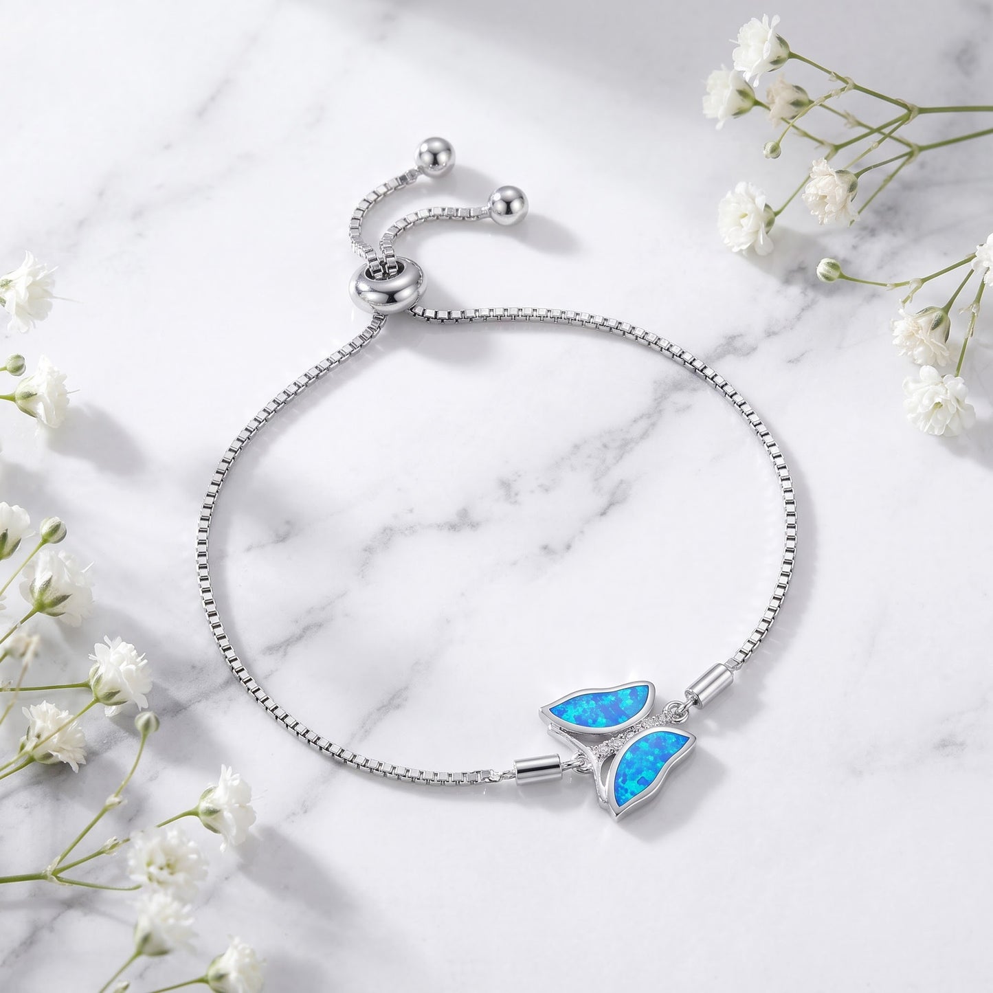 Sterling Silver Clear CZ & Blue Opal Butterfly Box Bracelet for Women, Chain Link, Dainty Everyday Jewelry Gift view 1