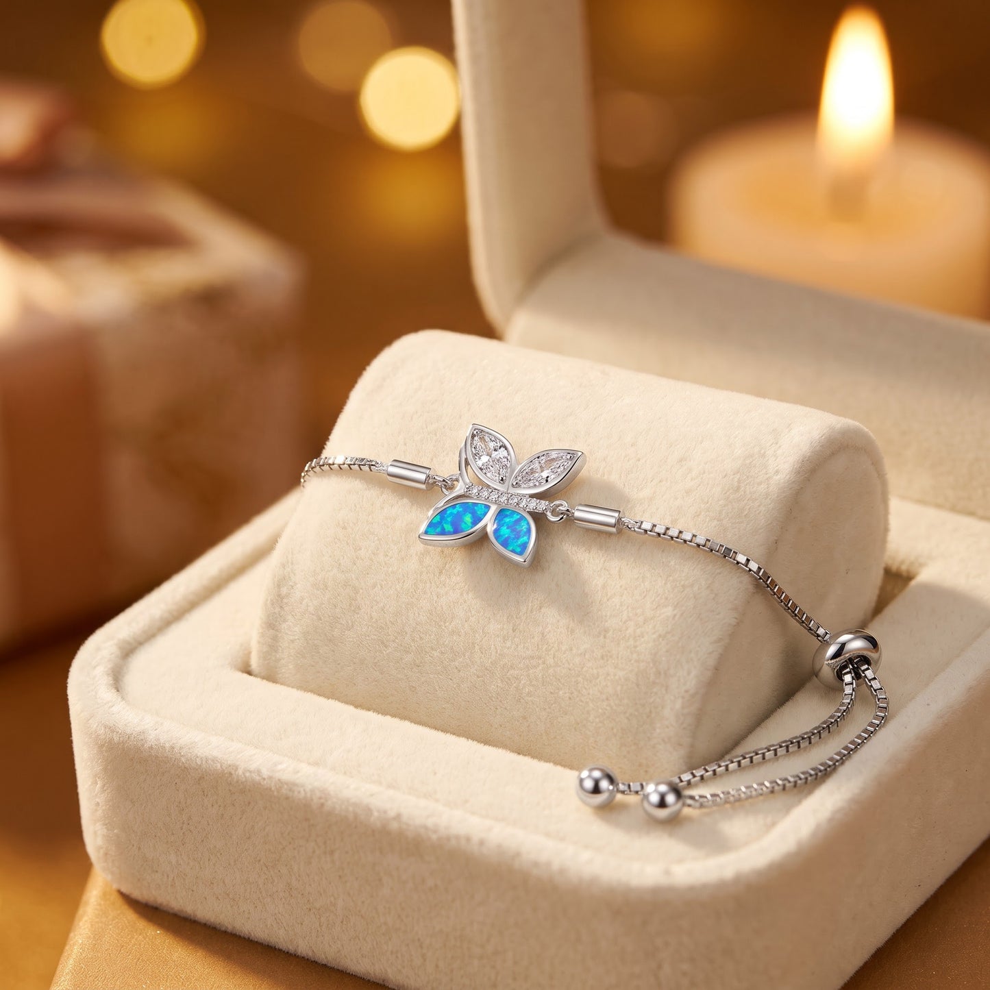 Sterling Silver Clear CZ & Blue Opal Butterfly Box Bracelet for Women, Chain Link, Dainty Everyday Jewelry Gift view 2